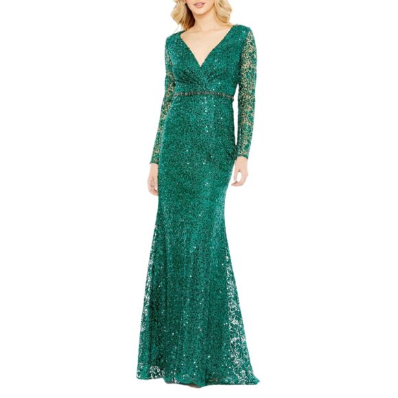 Mac Duggal 68016 Womens Size 14 Green Embellished Long Sleeve Gown Maxi Dress - Picture 2 of 15